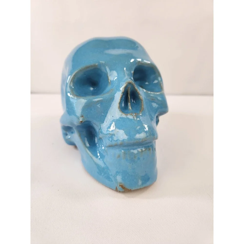 Large Human skull planter pot ceramic Artisan Handmade Art Blue Decor Ohio